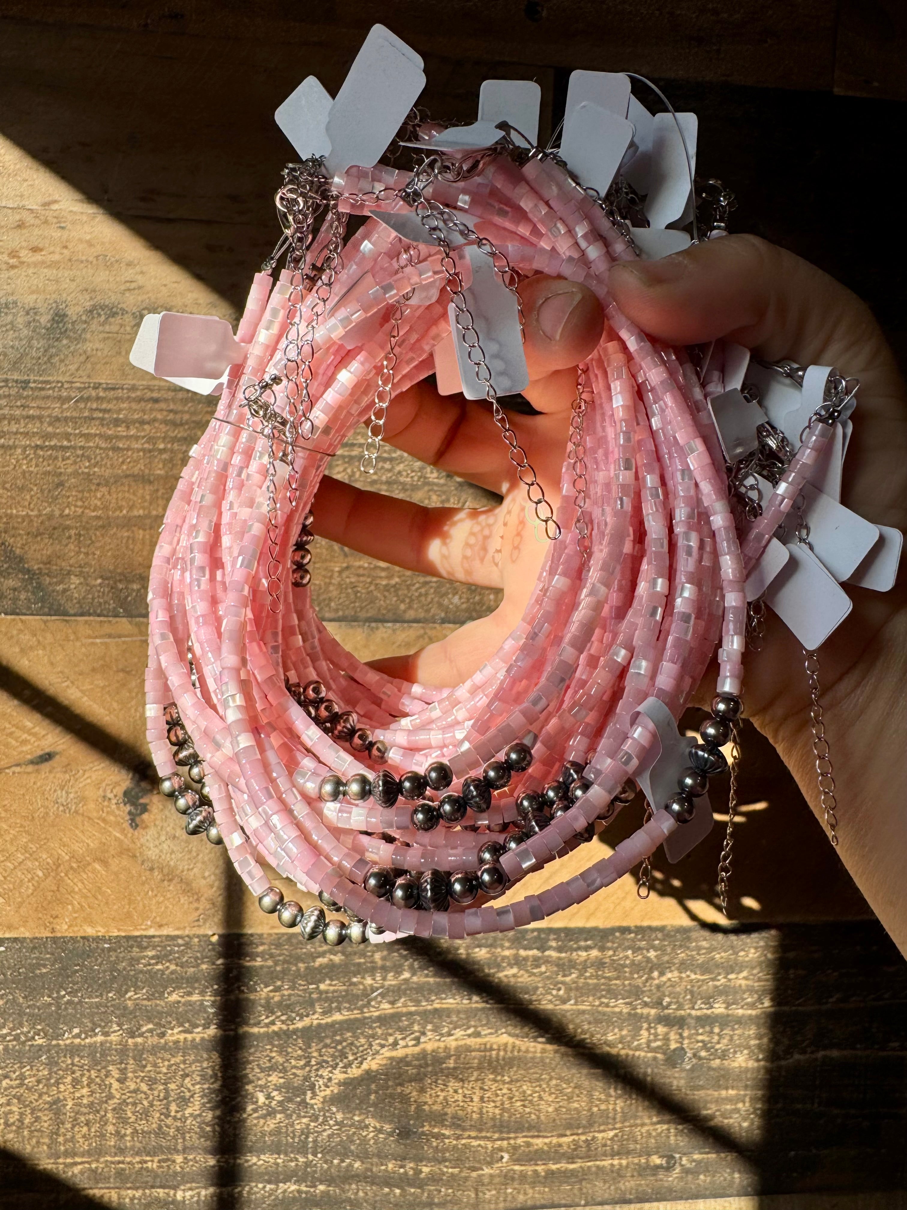 Pink Shell Heishi Choker with Sterling Silver Pearls