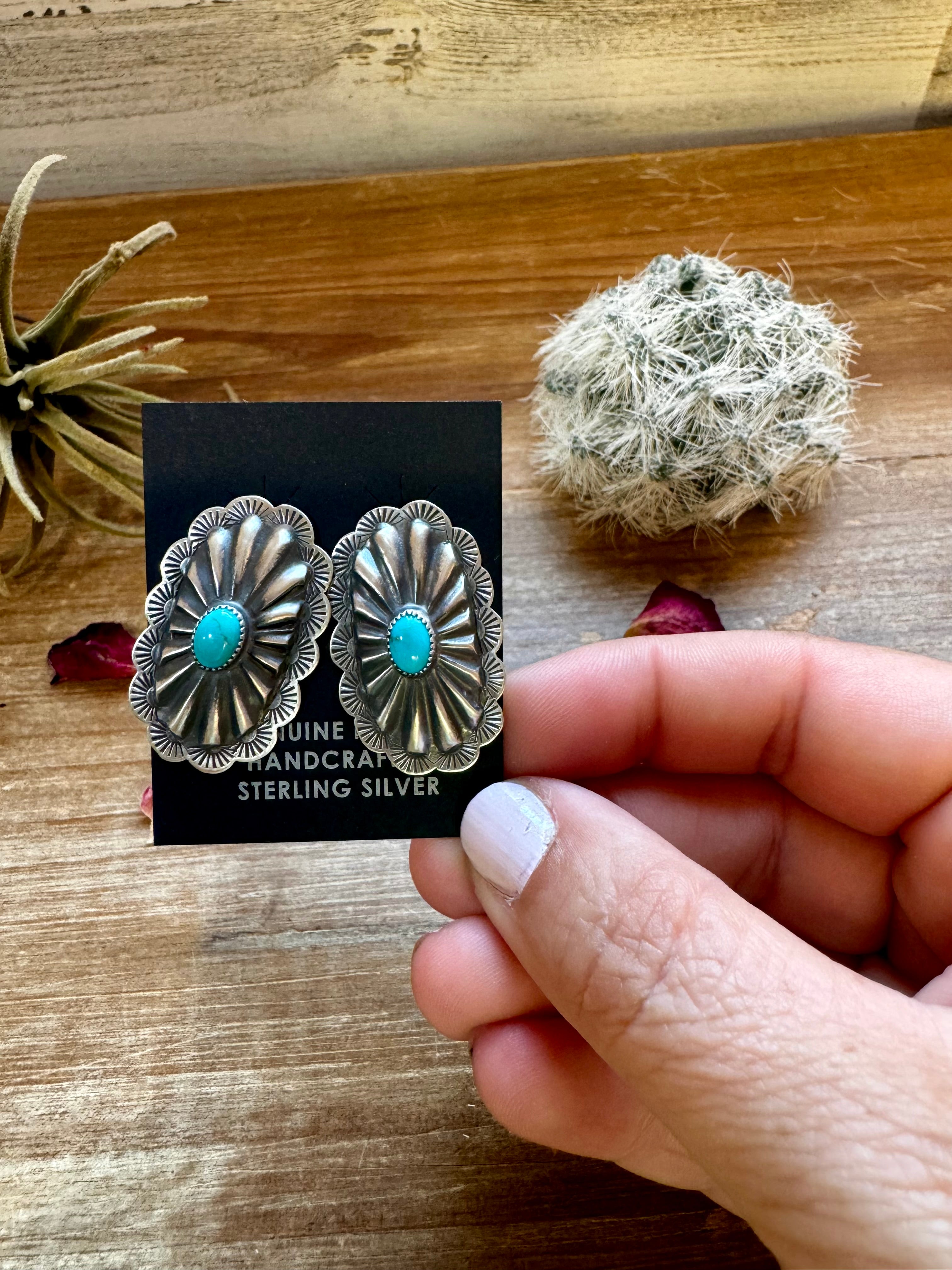 Long Sterling Silver Stud Earrings with Turquoise