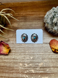 Oval Stud Earrings with Kingman Turquoise - Sterling Silver