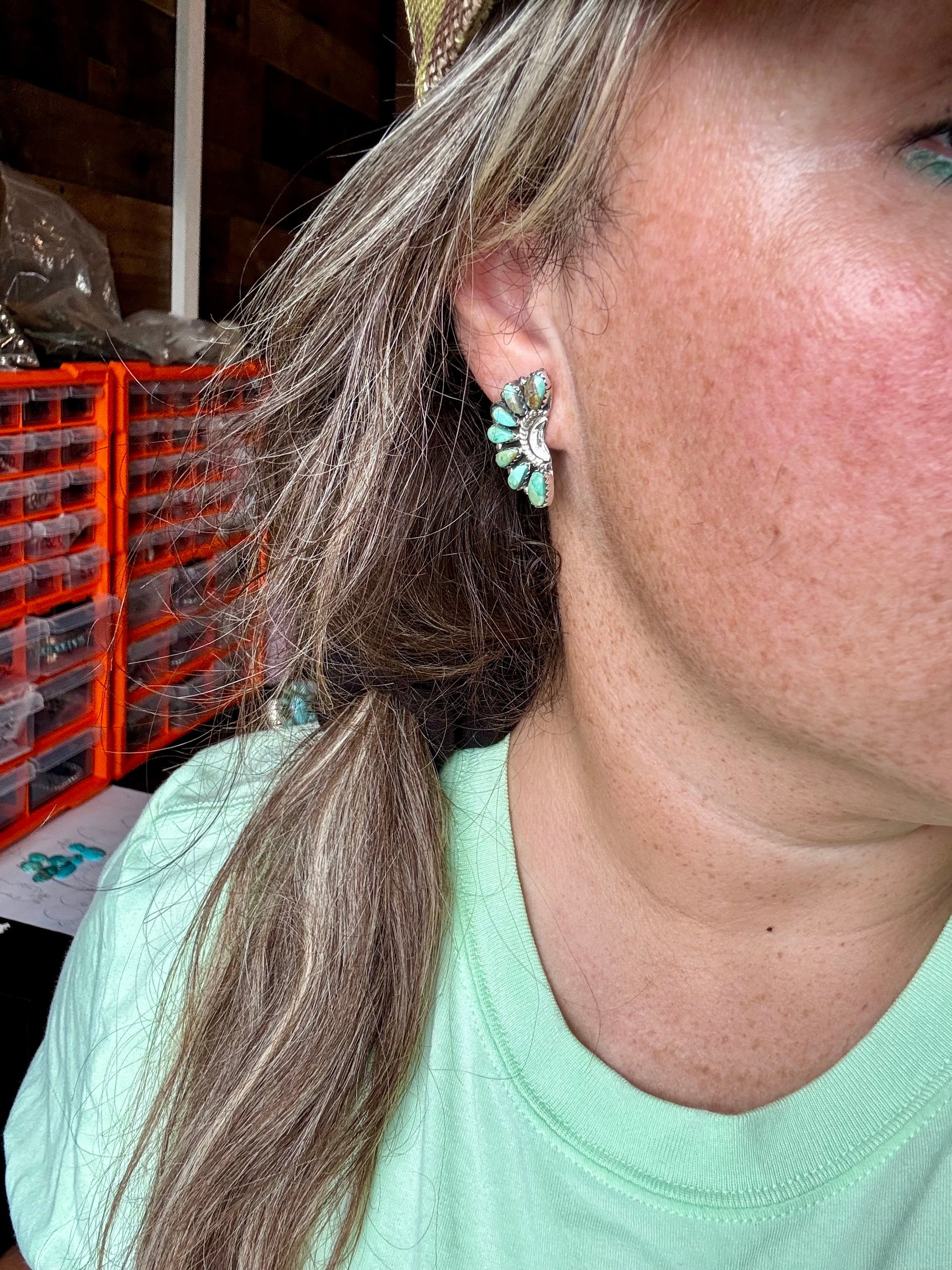 Half Green Turquoise Flower Stud Earrings