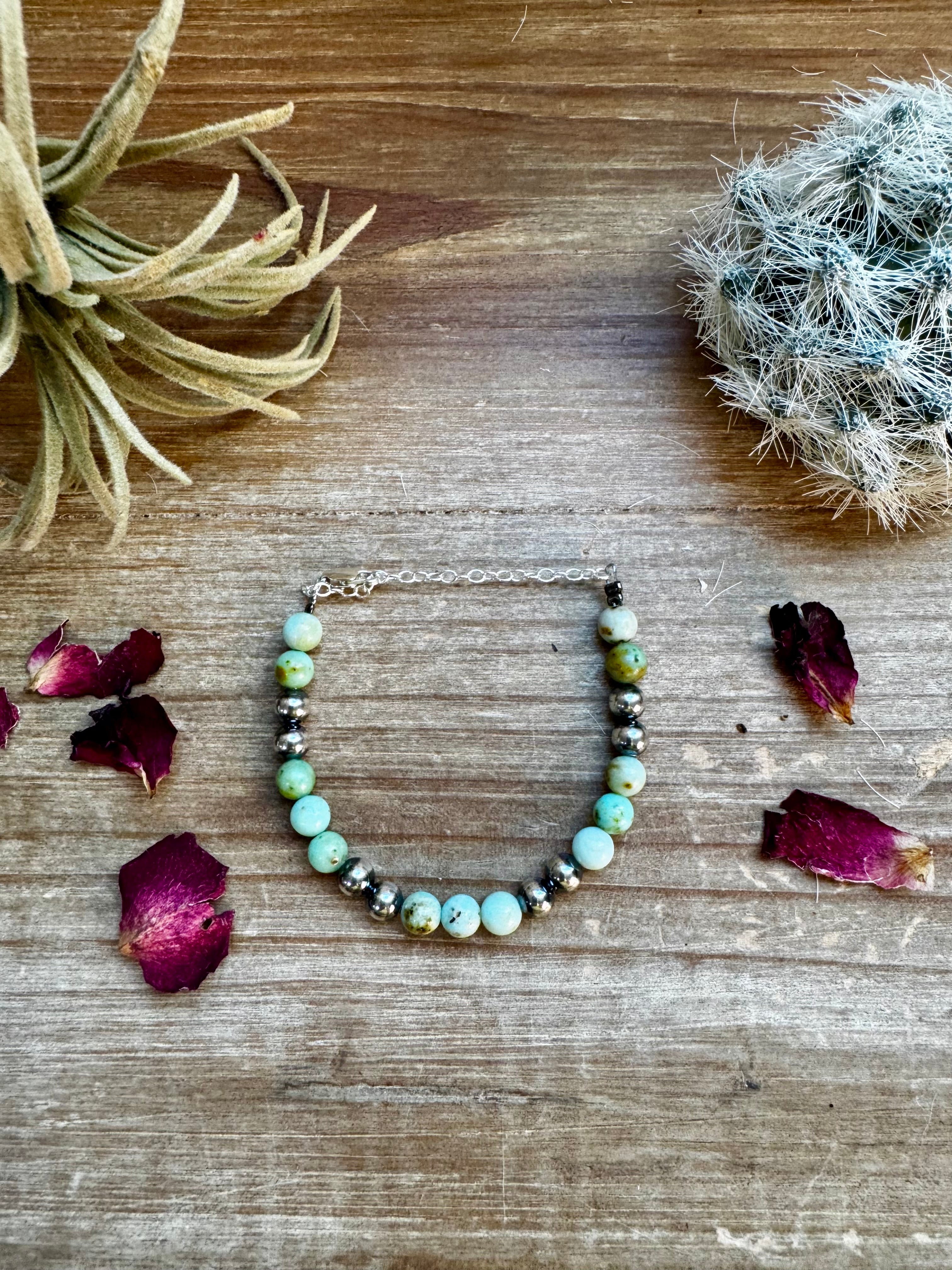 6 mm Sterling Silver Pearls Bracelet with Maya Jade Natural