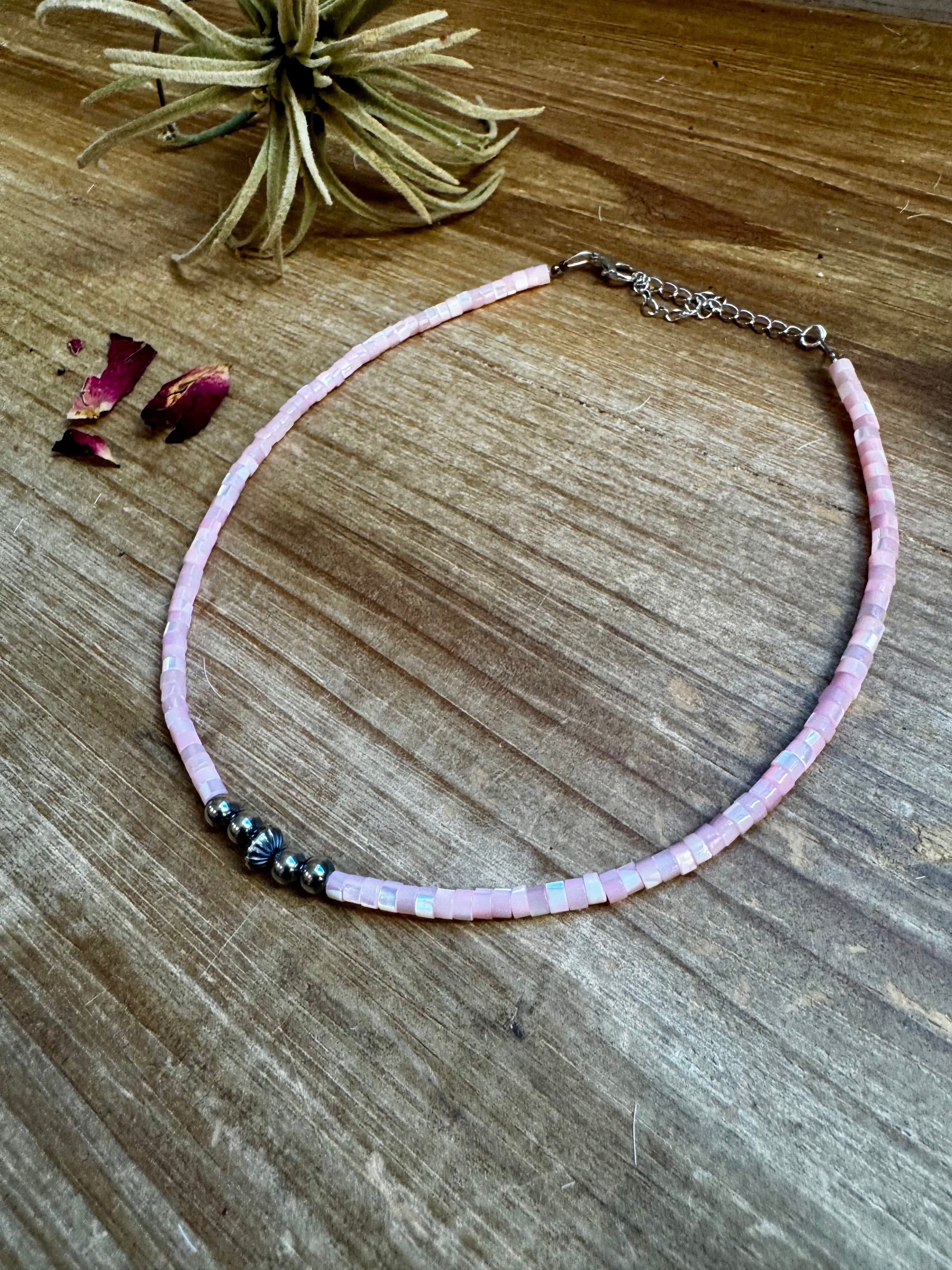 Pink Shell Heishi Choker with Sterling Silver Pearls