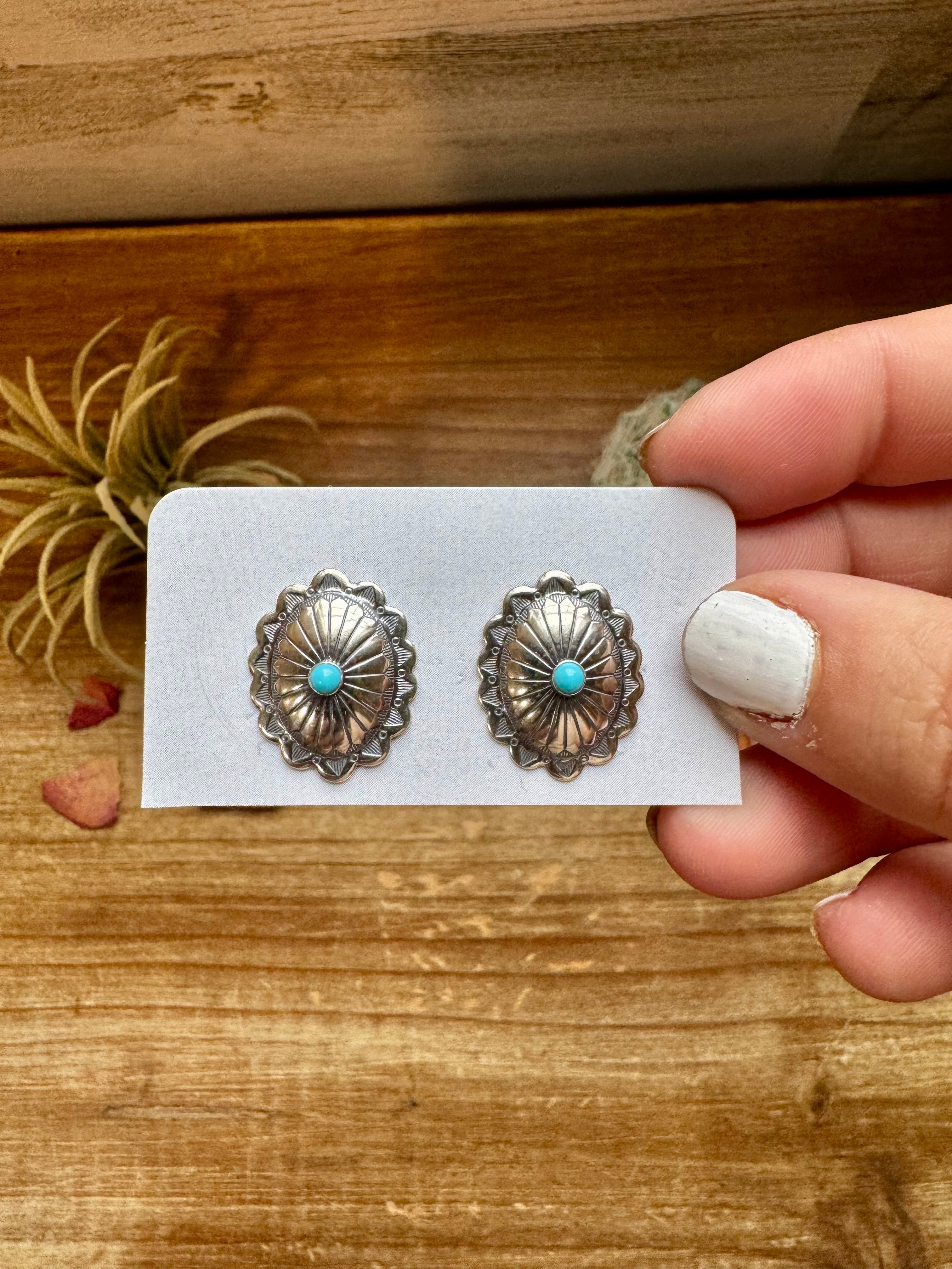 Oval Stud Earrings with Kingman Turquoise - Sterling Silver