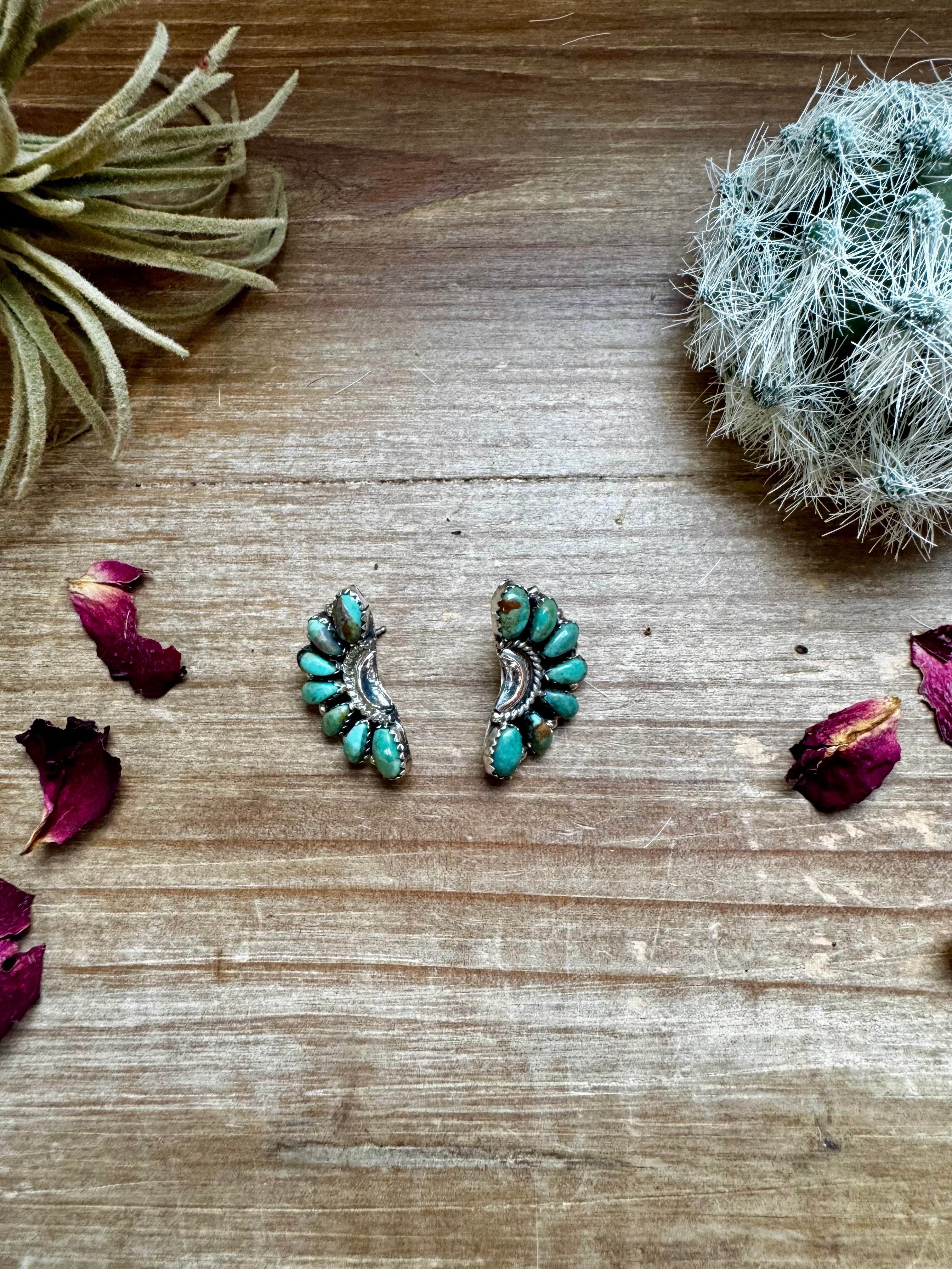 Half Green Turquoise Flower Stud Earrings