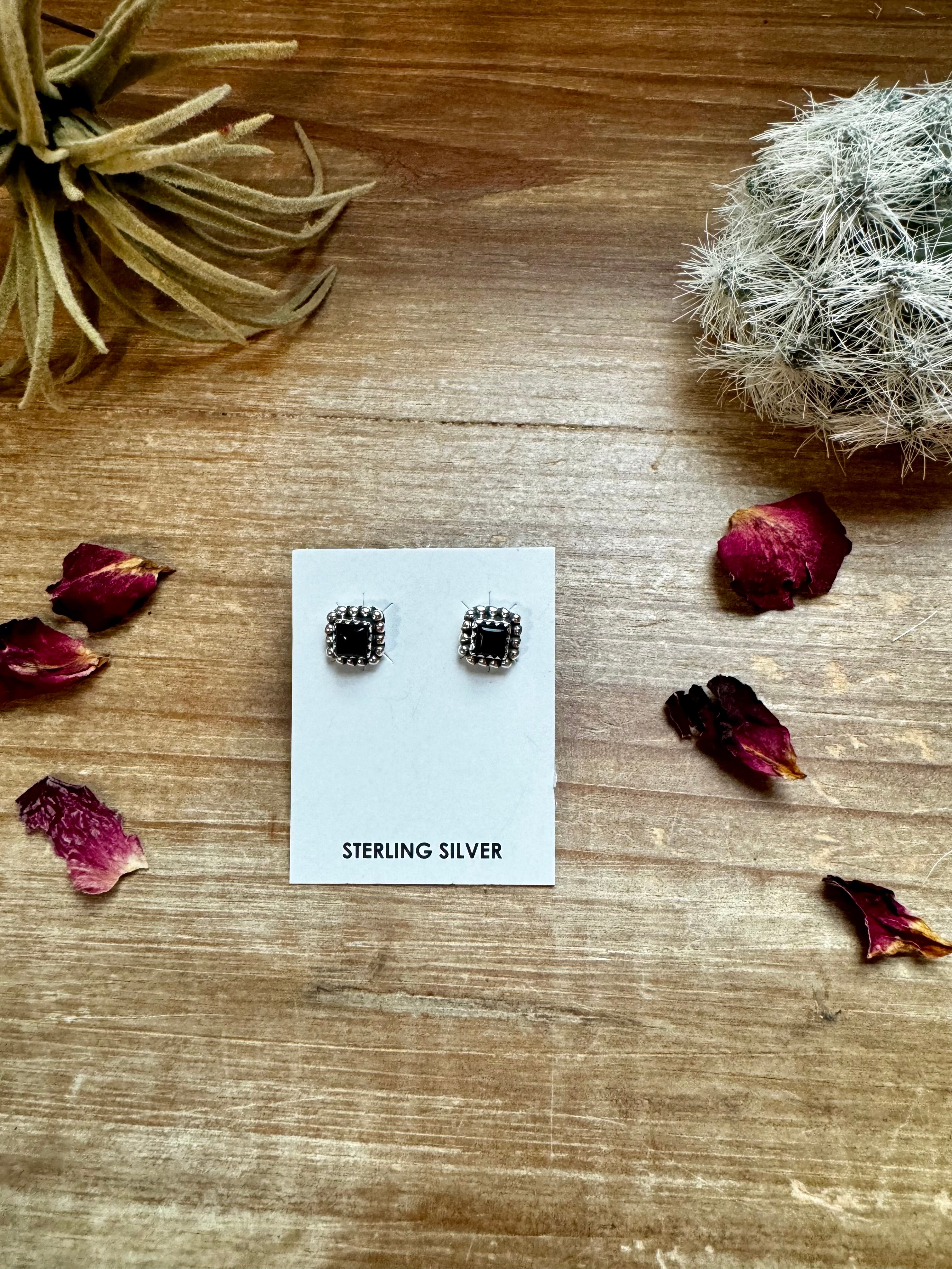 Mini Square Sterling Silver Stud Earrings with Black Onyx