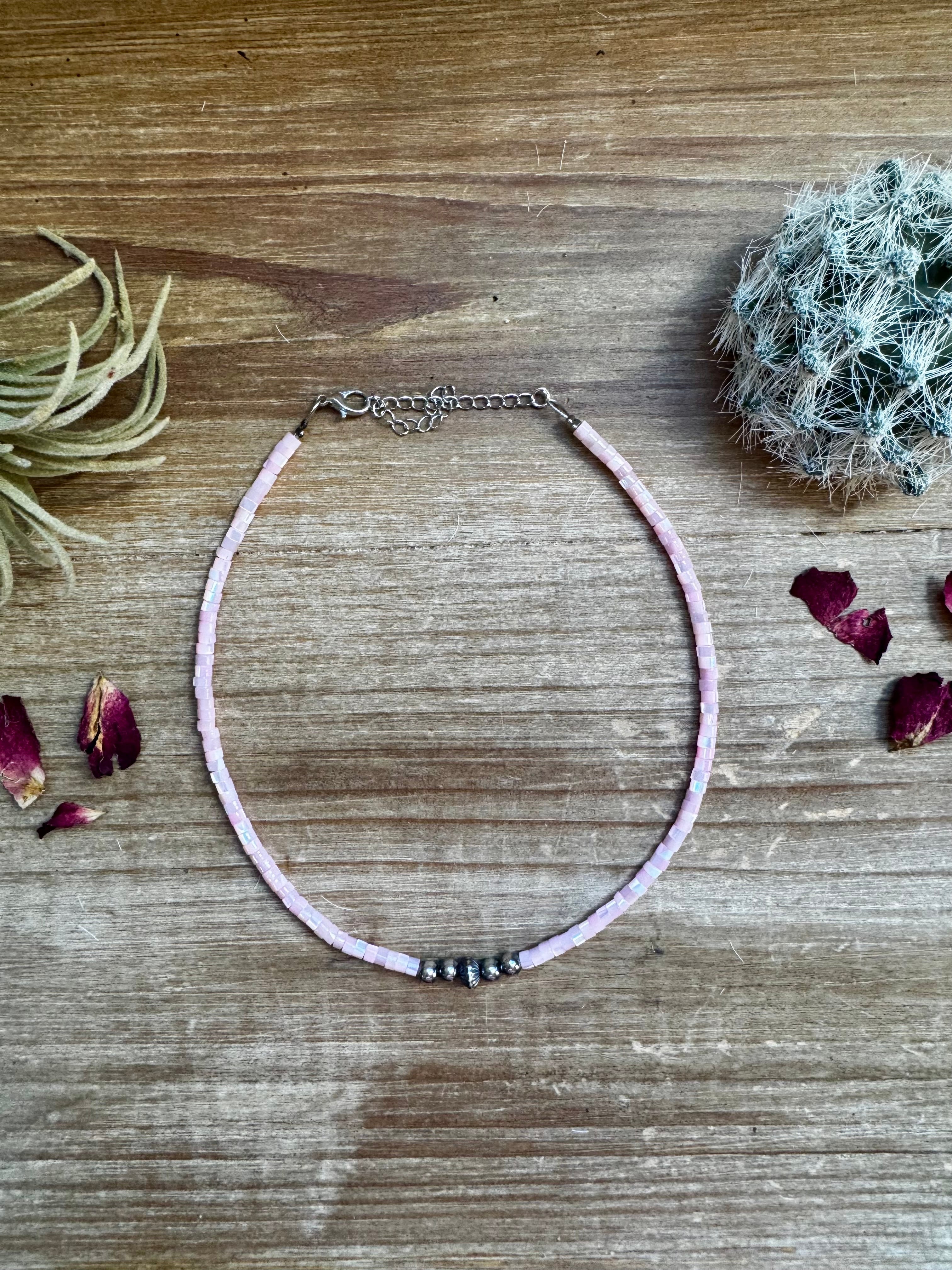 Pink Shell Heishi Choker with Sterling Silver Pearls