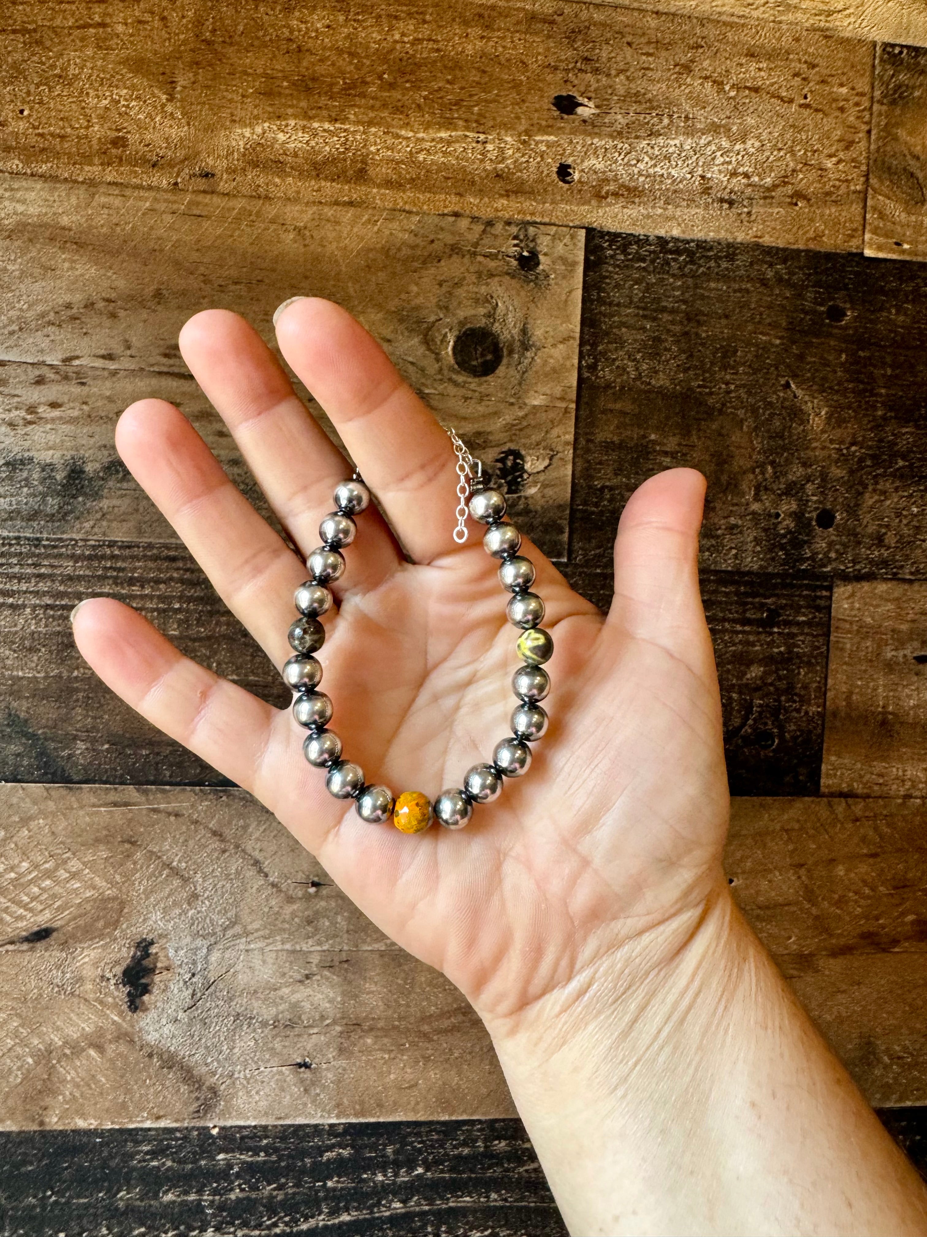 8 mm Sterling Silver Pearls Bracelet with Bumblebee Jasper Beads