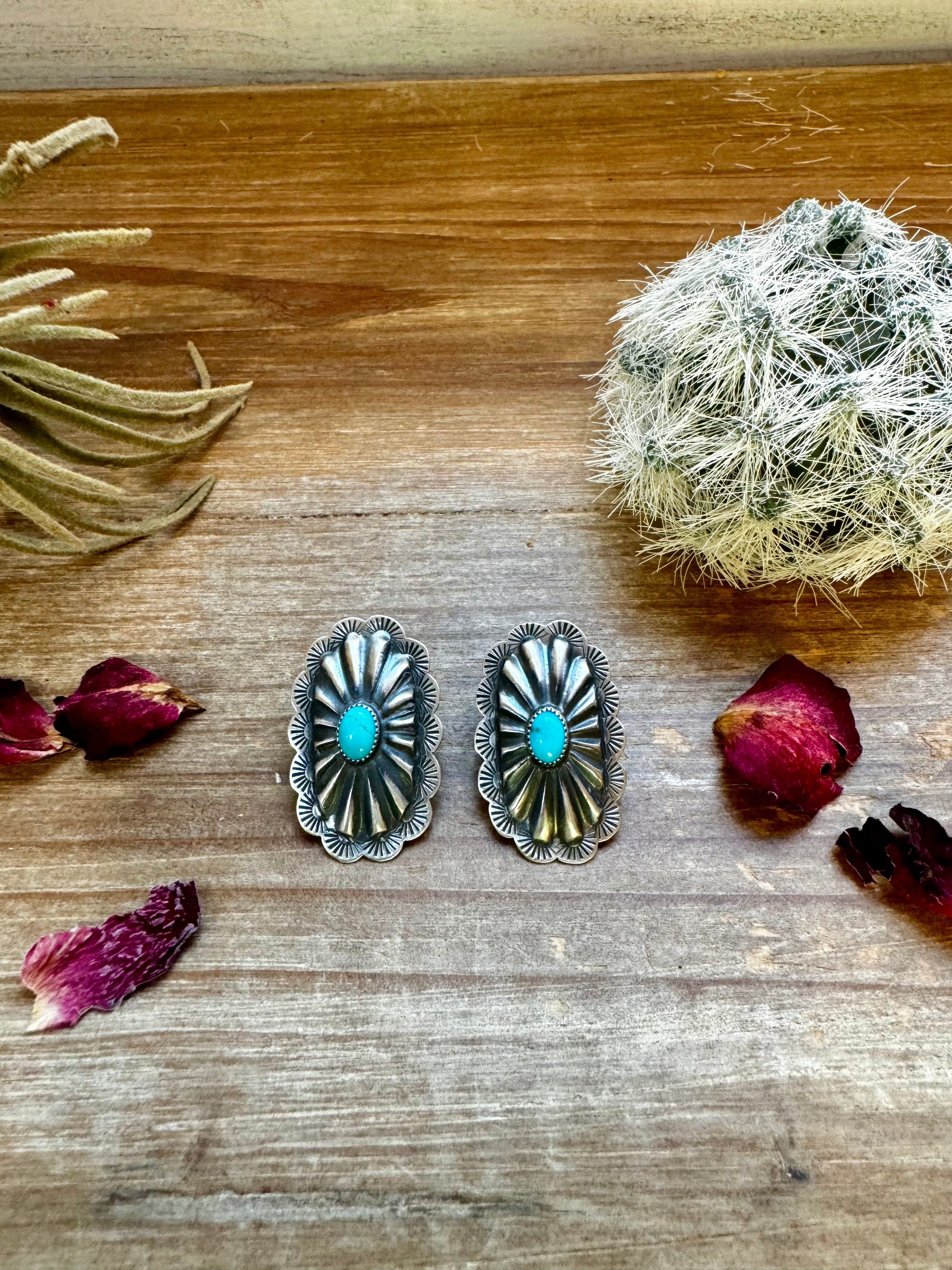 Long Sterling Silver Stud Earrings with Turquoise