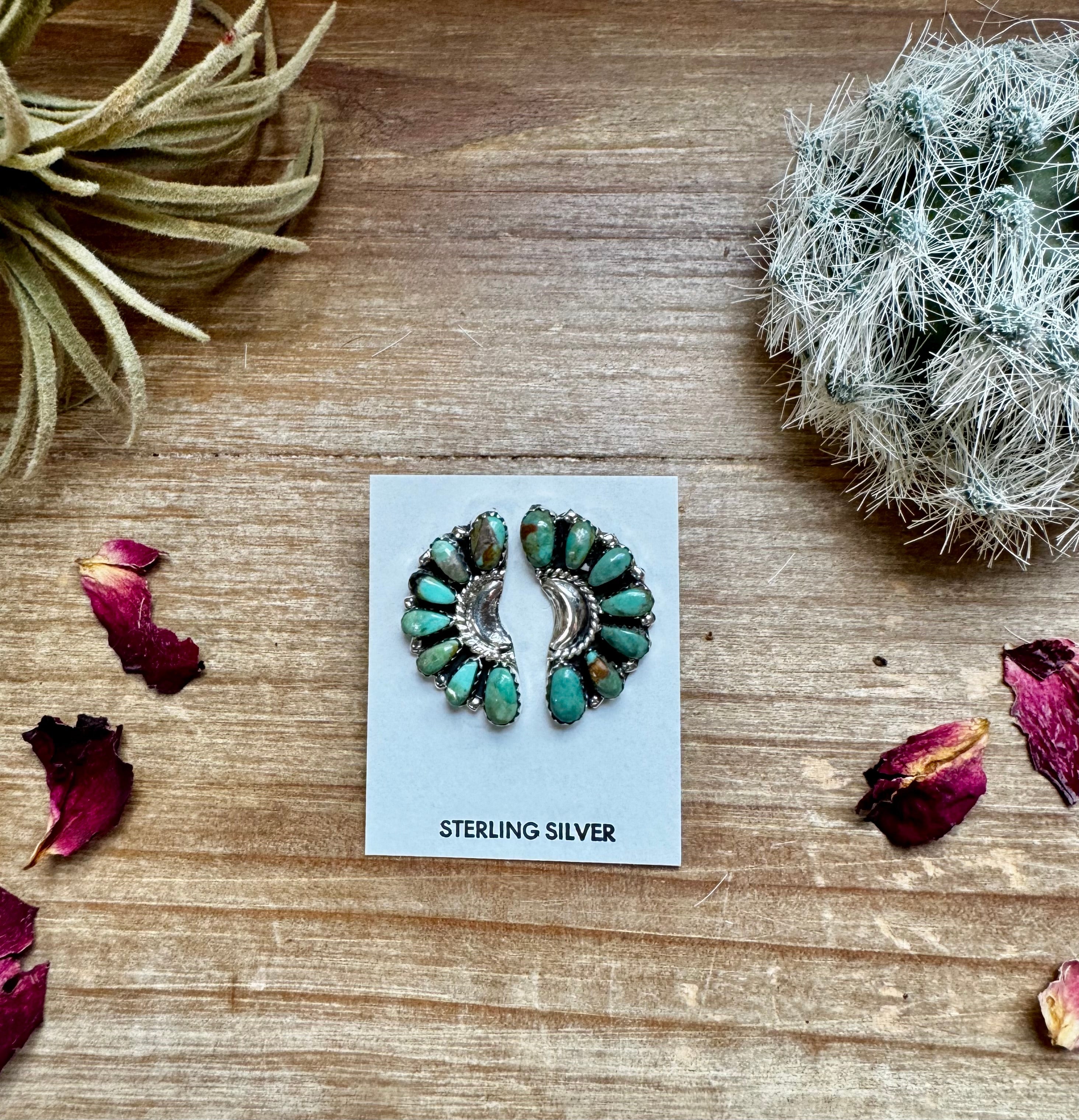 Half Green Turquoise Flower Stud Earrings