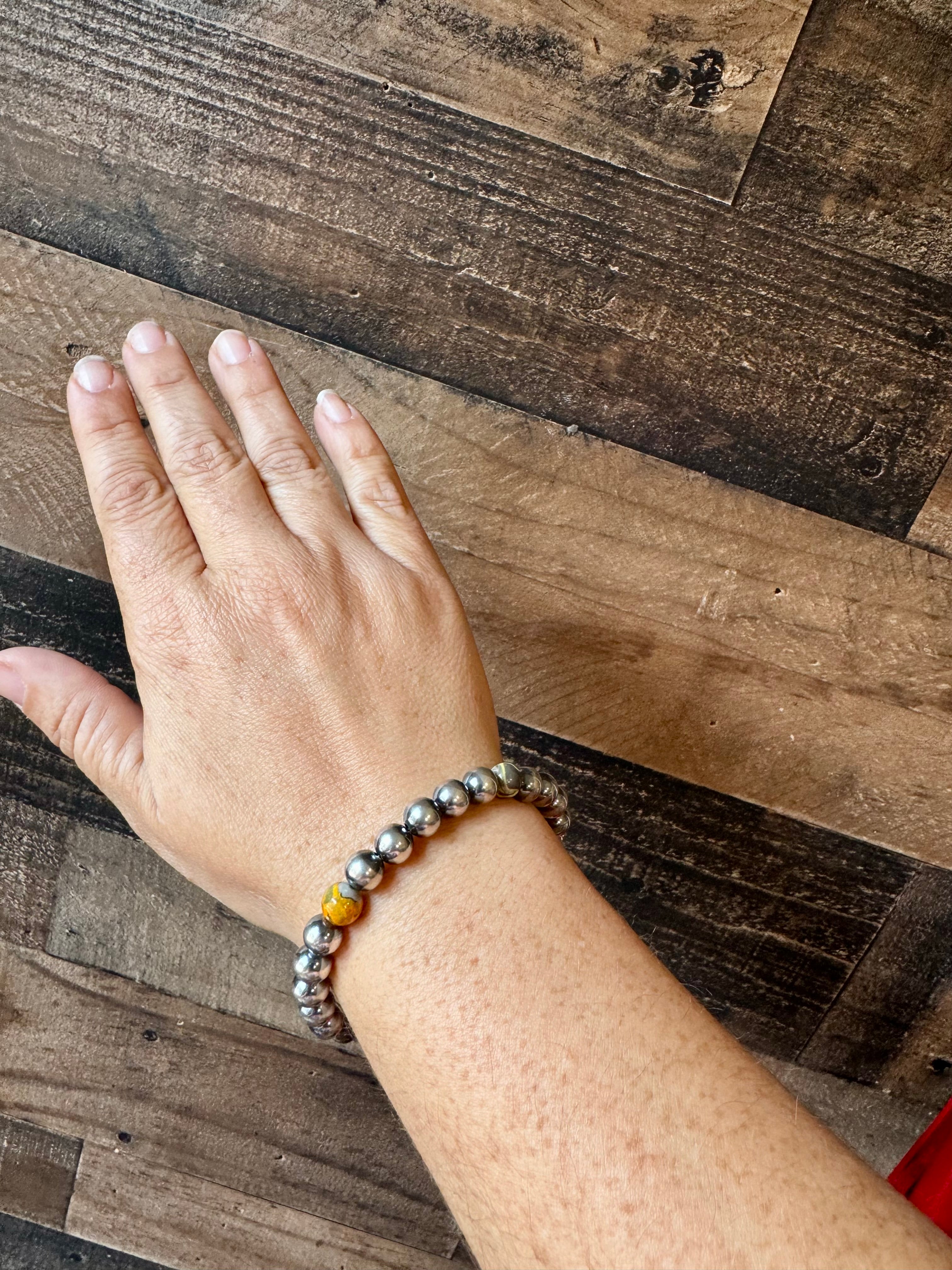 8 mm Sterling Silver Pearls Bracelet with Bumblebee Jasper Beads