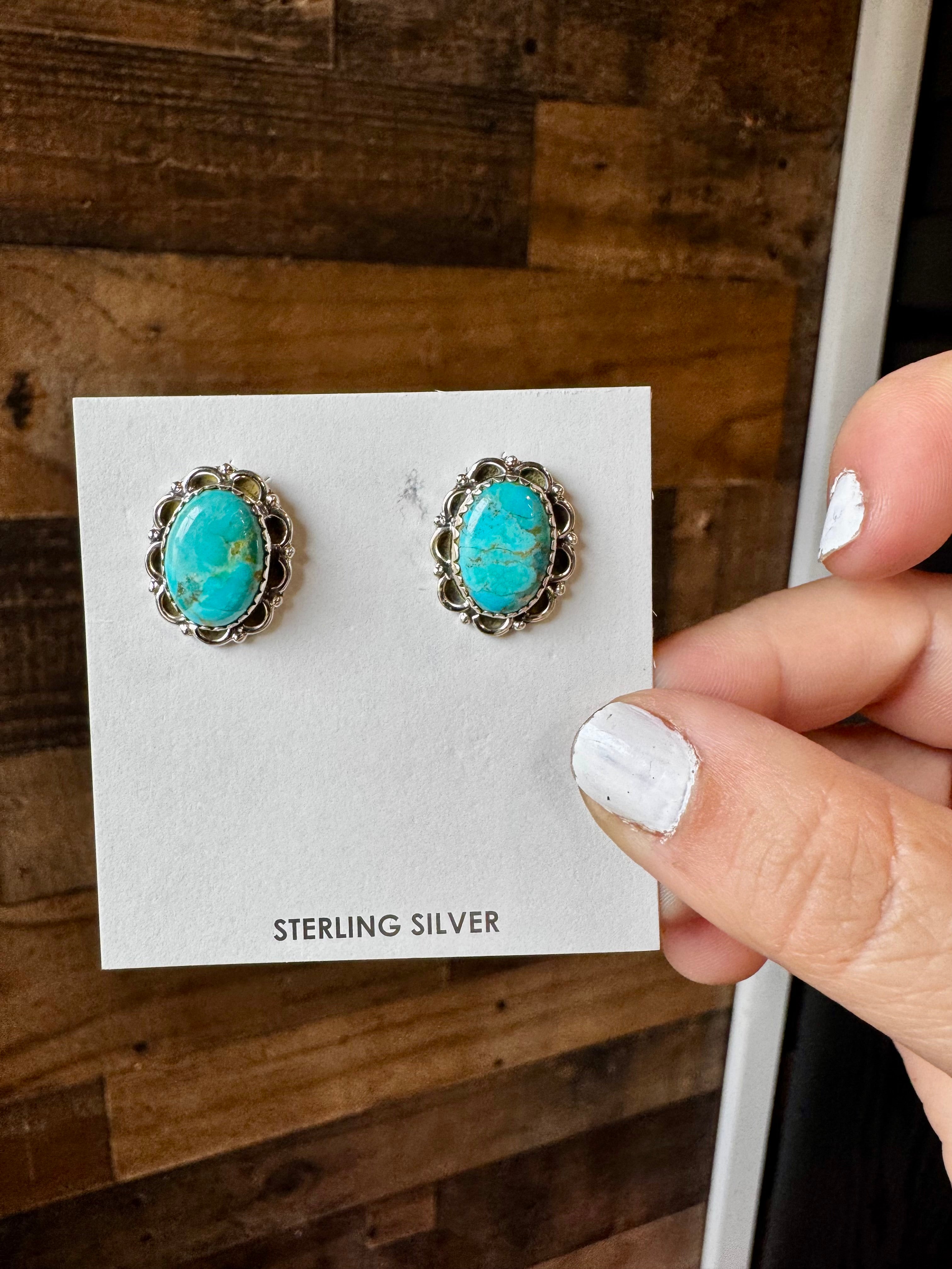 Oval Stud Round Kingman Turquoise Earrings