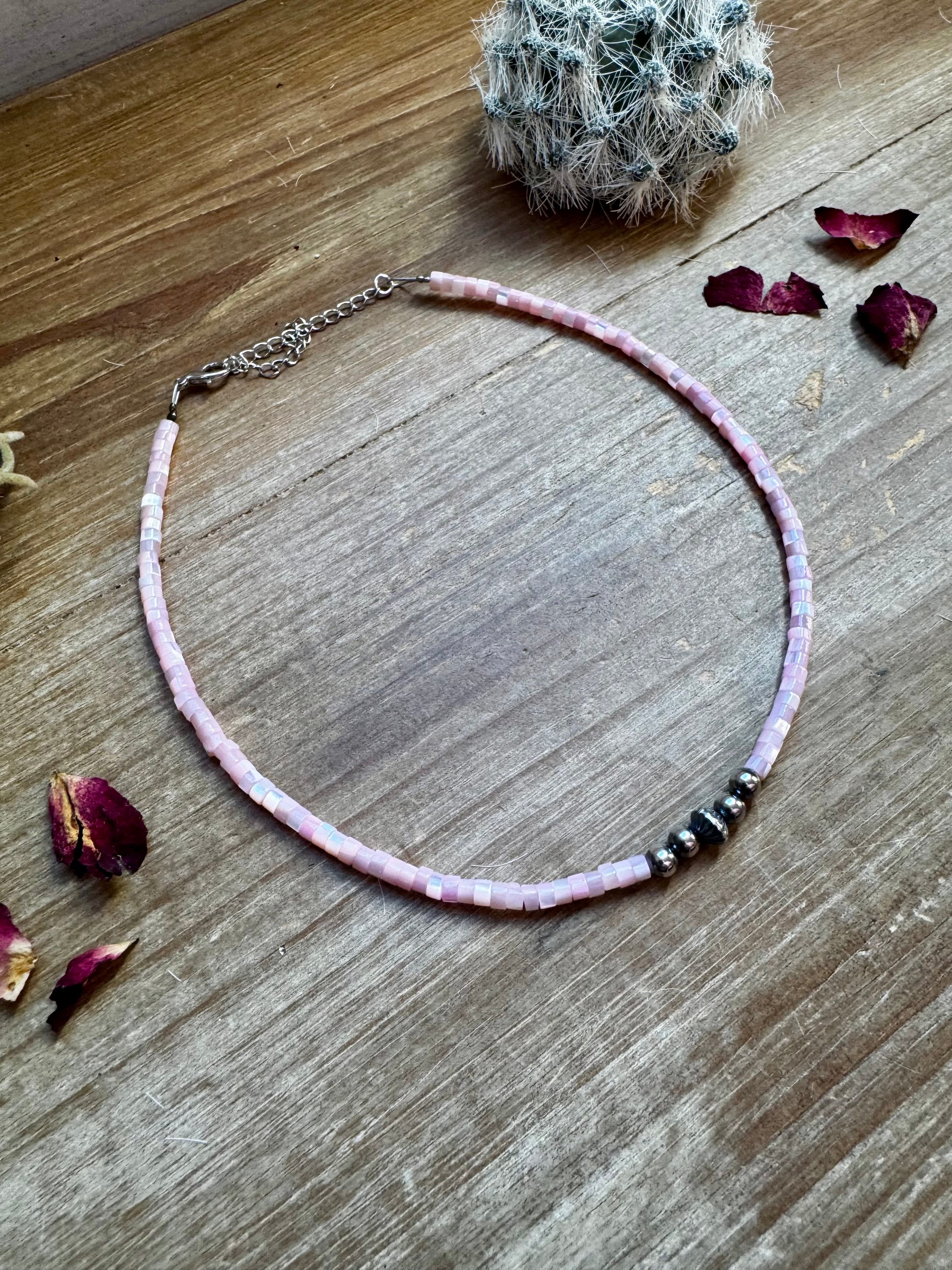 Pink Shell Heishi Choker with Sterling Silver Pearls