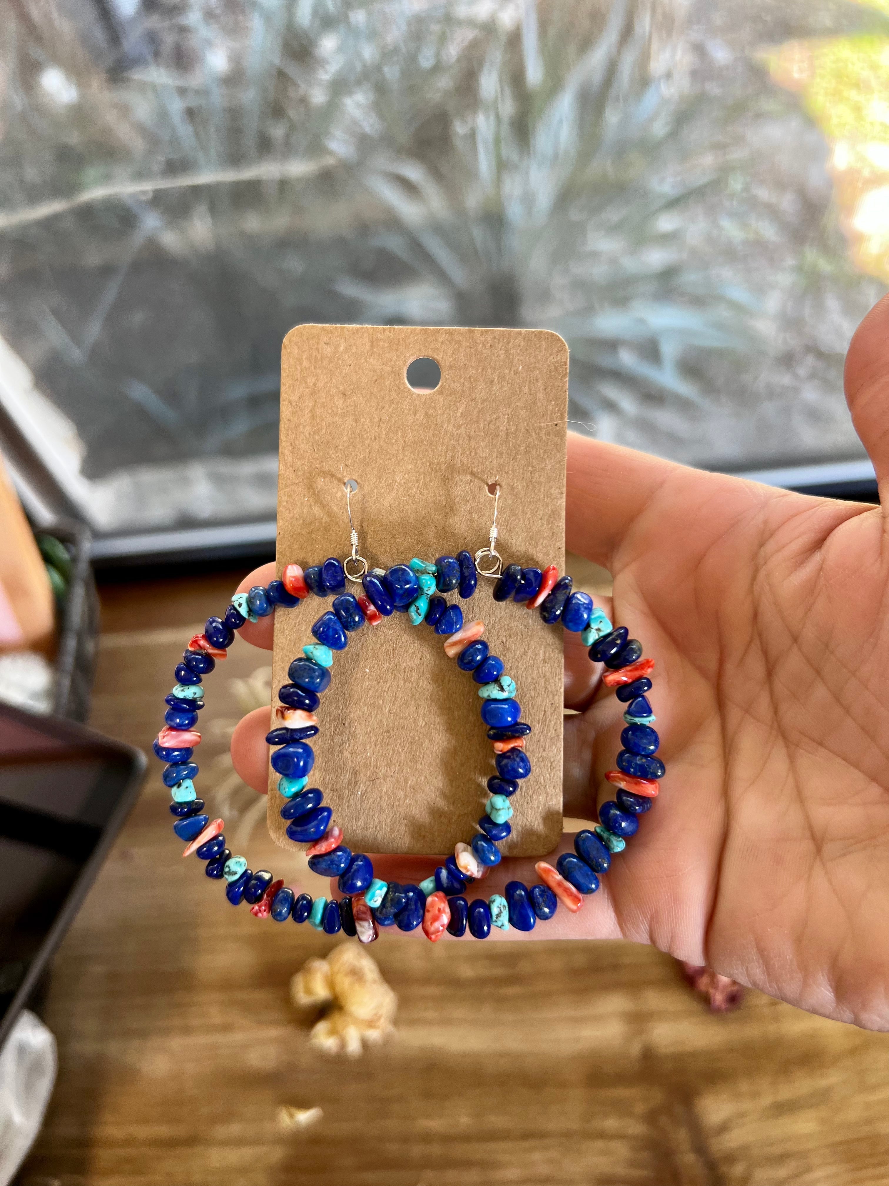 Lapis Hoop Earrings W/ Spiny Oyster and Turquoise