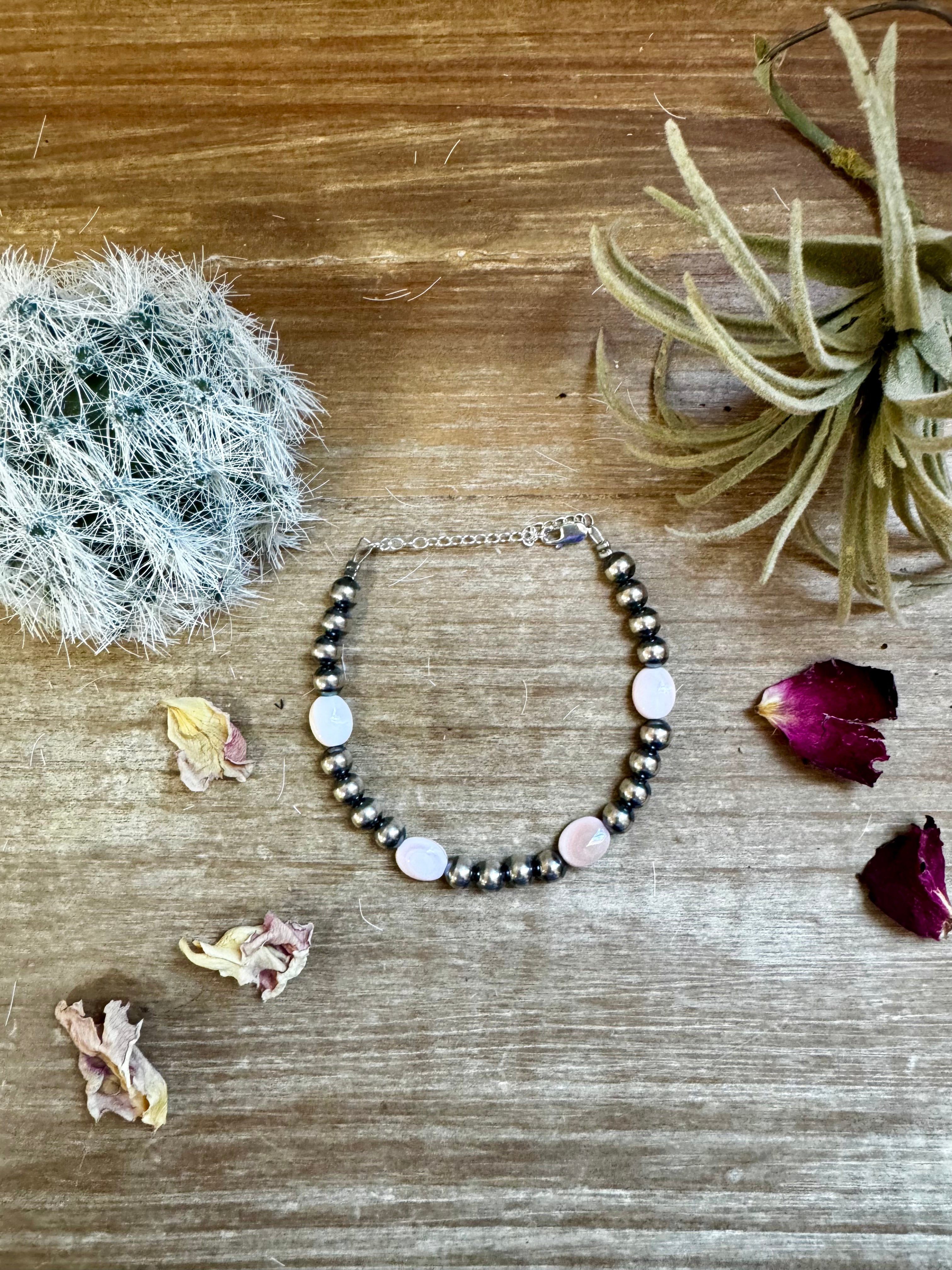 6mm Sterling Silver Pearls Bracelet with Pink Conch