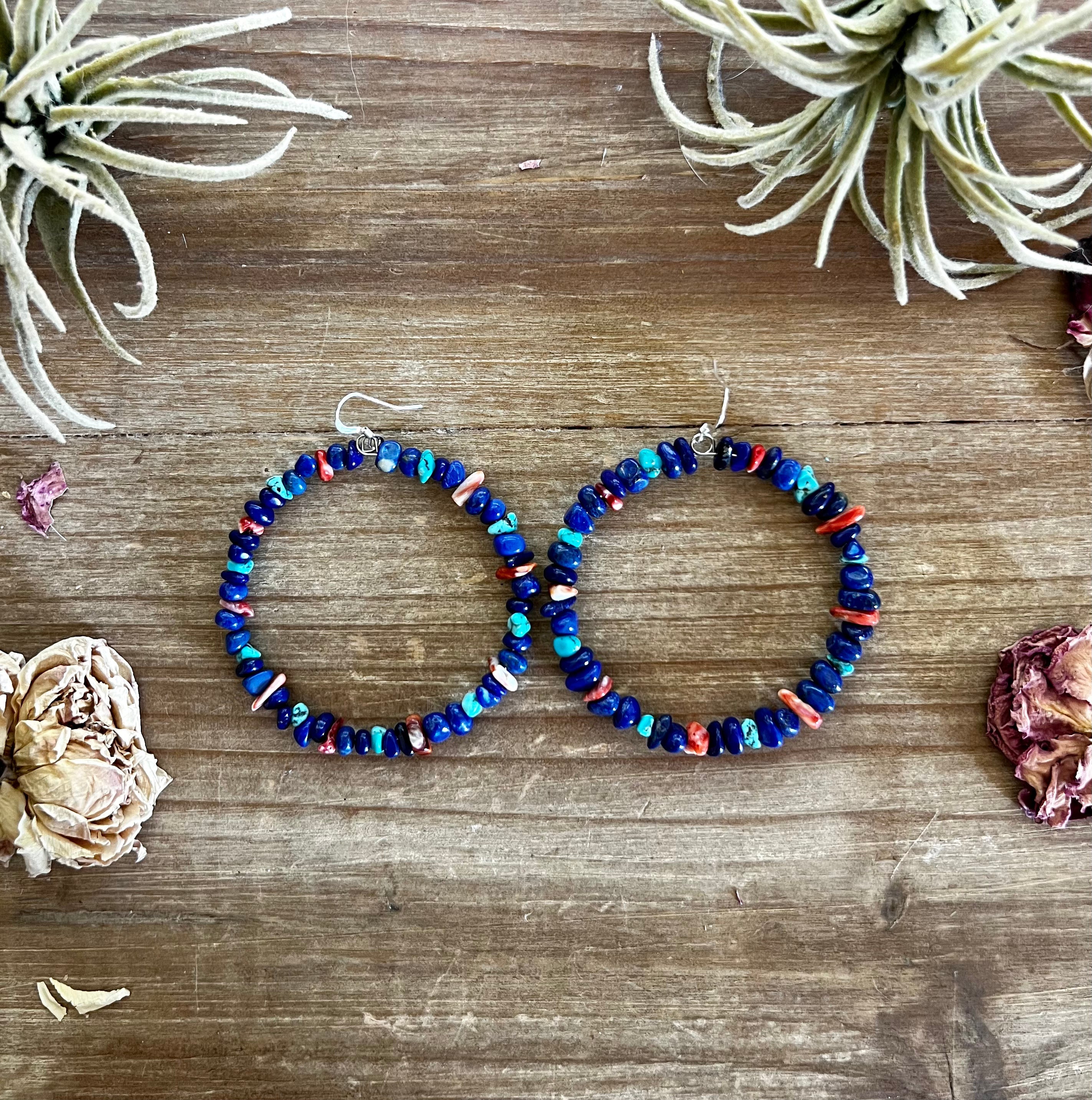 Lapis Hoop Earrings W/ Spiny Oyster and Turquoise