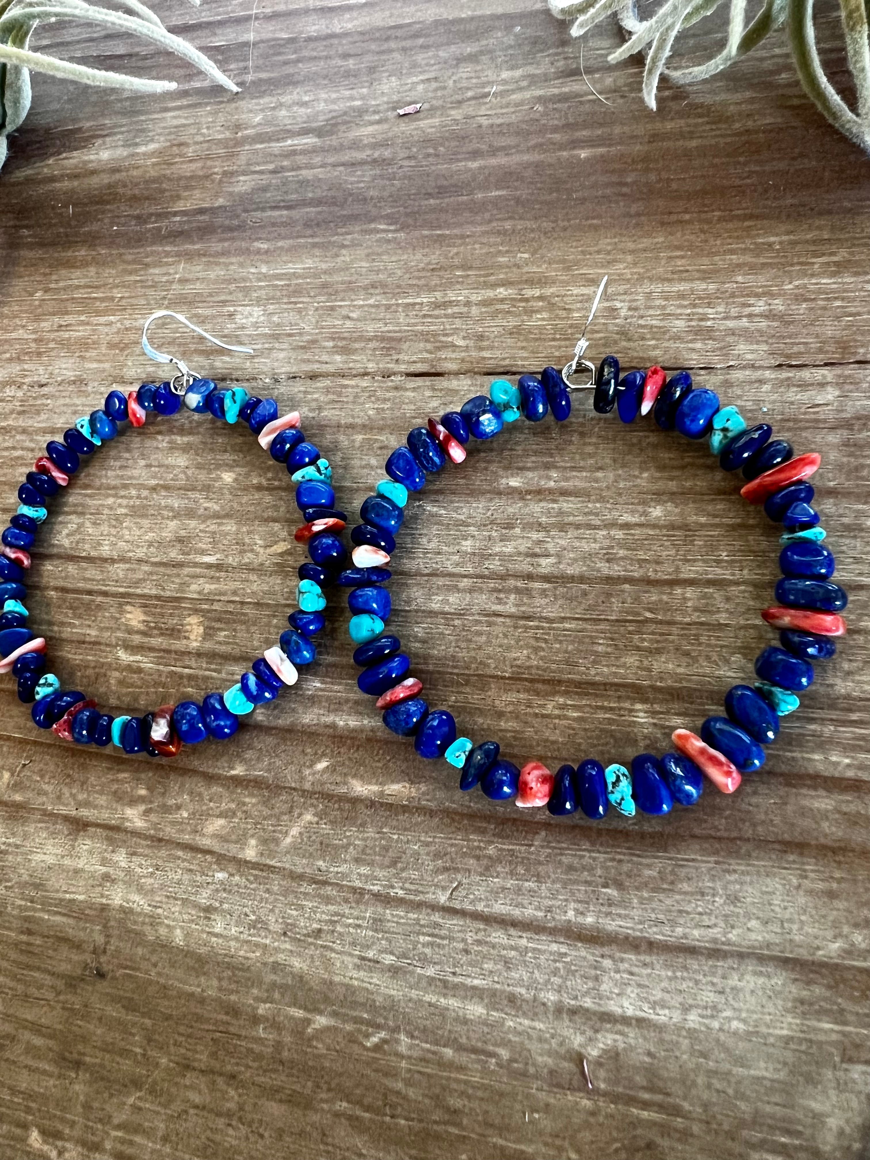 Lapis Hoop Earrings W/ Spiny Oyster and Turquoise